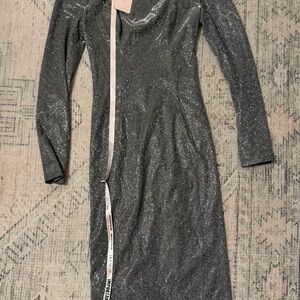 House of CB London Paolina Silver Sparkle Dress Bodycon Long Sleeve Size S